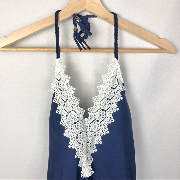 NEW Boutique Navy V-Neck Halter Lace Trim One Piece Swimsuit s - Picture 4 of 8